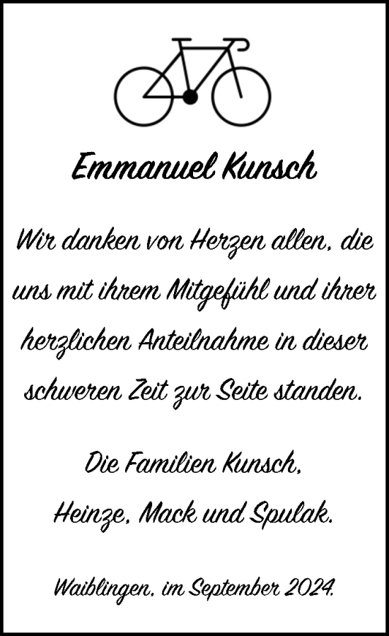 Traueranzeige von Emmanuel Kunsch von Waiblinger Kreiszeitung