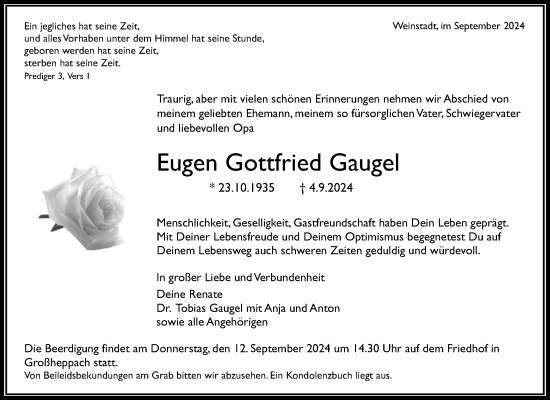 Traueranzeige von Eugen Gottfried Gaugel von Waiblinger Kreiszeitung