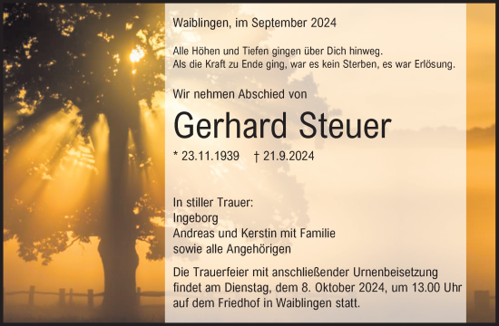 Traueranzeige von Gerhard Steuer von Waiblinger Kreiszeitung