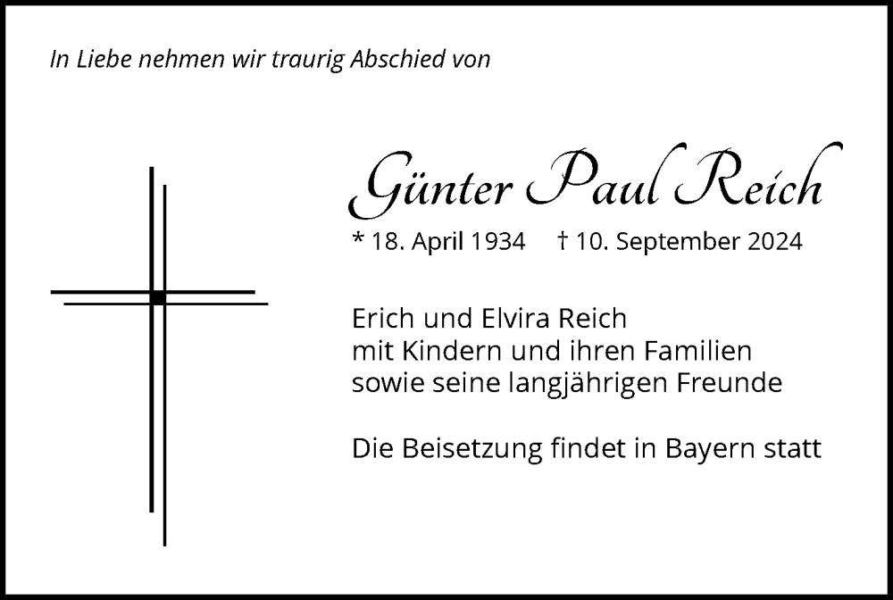  Traueranzeige für Günter Paul Reich vom 25.09.2024 aus Waiblinger Kreiszeitung