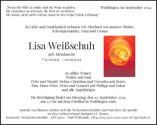 Traueranzeige von Lisa Weißschuh von Waiblinger Kreiszeitung