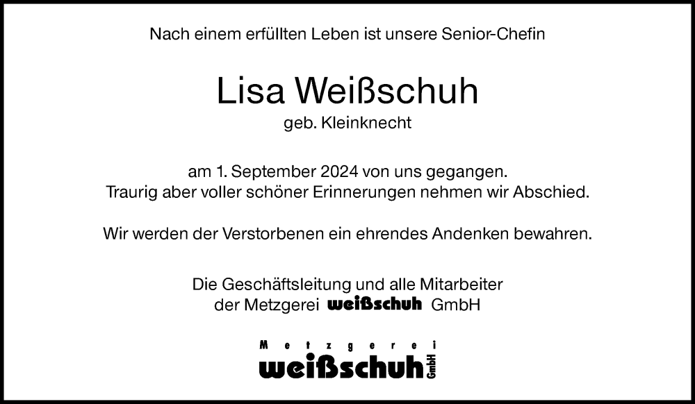  Traueranzeige für Lisa Weißschuh vom 07.09.2024 aus Waiblinger Kreiszeitung