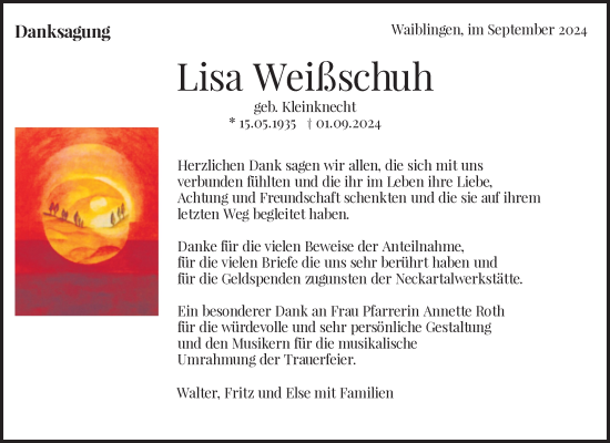 Traueranzeige von Lisa Weißschuh von Waiblinger Kreiszeitung