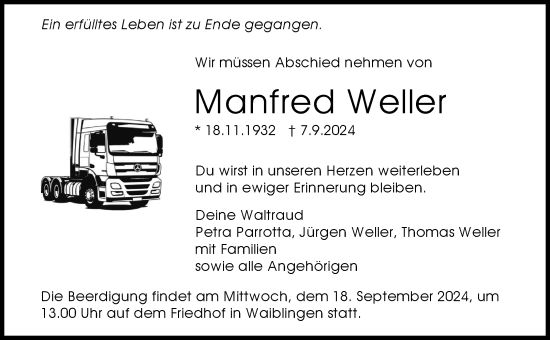 Traueranzeige von Manfred Weller von Waiblinger Kreiszeitung