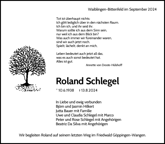 Traueranzeige von Roland Schlegel von Waiblinger Kreiszeitung