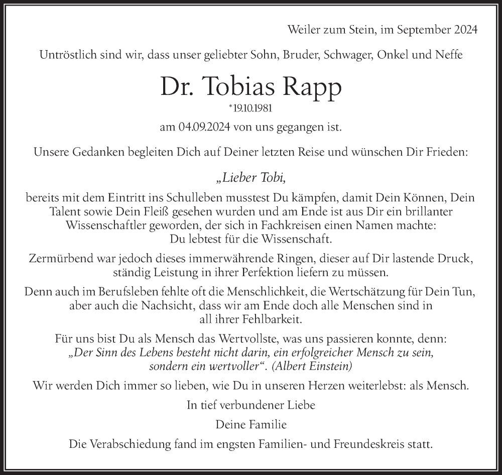  Traueranzeige für Tobias Rapp vom 28.09.2024 aus Waiblinger Kreiszeitung