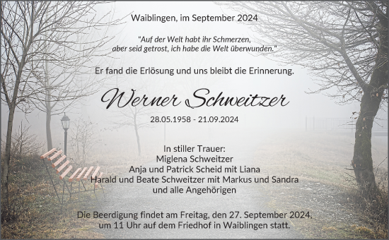 Traueranzeige von Werner Schweitzer von Waiblinger Kreiszeitung